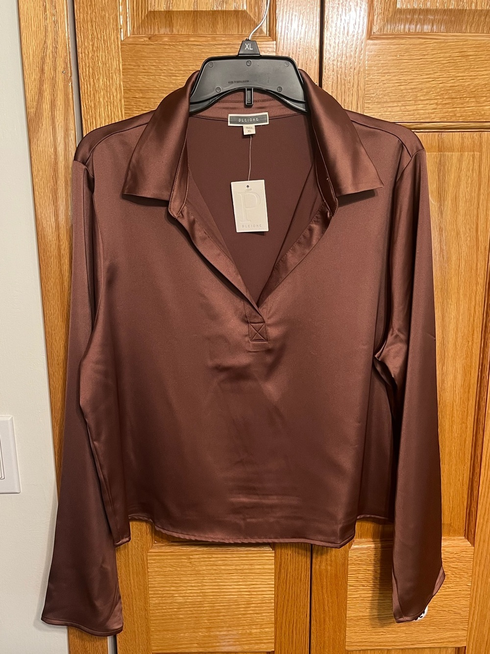 Pleione Women's Satin Long-Sleeve blouse in Chocolate Brown. Size XL. NWT
